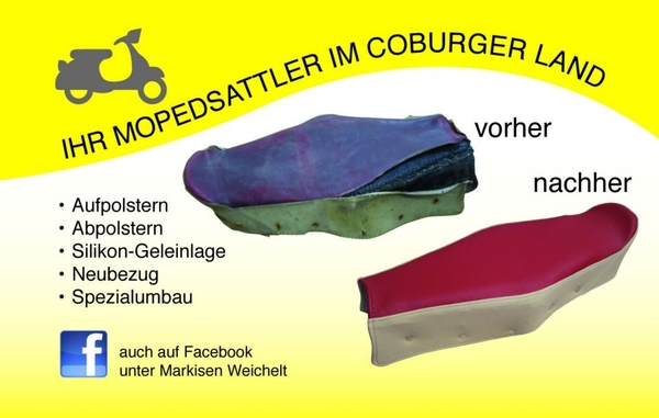 Vergleich von alter und neu bezogener Moped-Sitzbank mit Sattlerleistungen im Coburger Land.